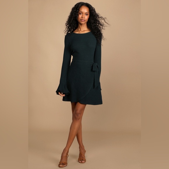 NWT Lulus | Favorite Tune Black Sweater Flounce Sleeve Wrap Dress Size Large - Picture 4 of 10